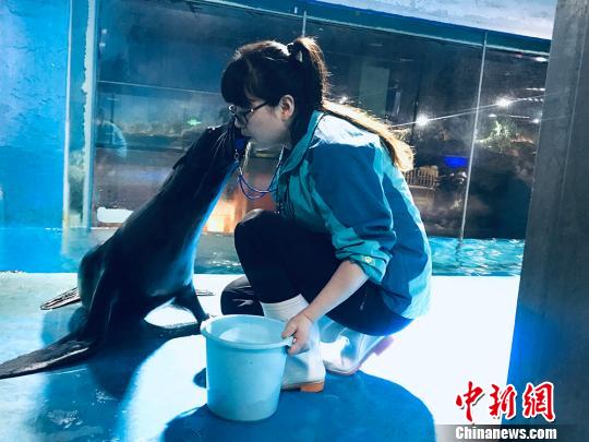 于雅麗與海獅親密瞬間。　艾慶龍 攝