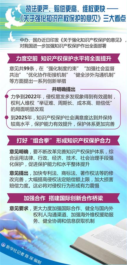 （圖表）[新華調(diào)查]執(zhí)法更嚴(yán)、賠償更高、維權(quán)更快——《關(guān)于強(qiáng)化知識(shí)產(chǎn)權(quán)保護(hù)的意見》三大看點(diǎn)