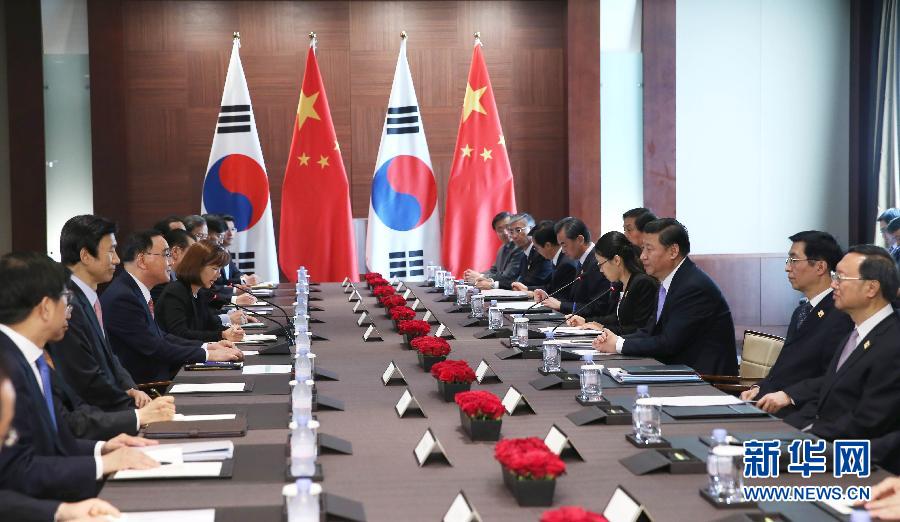 7月4日，國家主席習(xí)近平在首爾會見韓國總理鄭烘原。 新華社記者謝環(huán)馳攝 