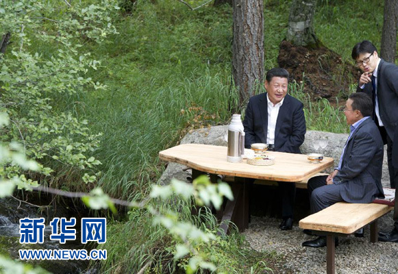 8月22日，國(guó)家主席習(xí)近平同蒙古國(guó)總統(tǒng)額勒貝格道爾吉在烏蘭巴托市郊的總統(tǒng)官邸再次會(huì)晤。這是習(xí)近平同額勒貝格道爾吉會(huì)晤后在溪畔飲茶。新華社記者 黃敬文 攝