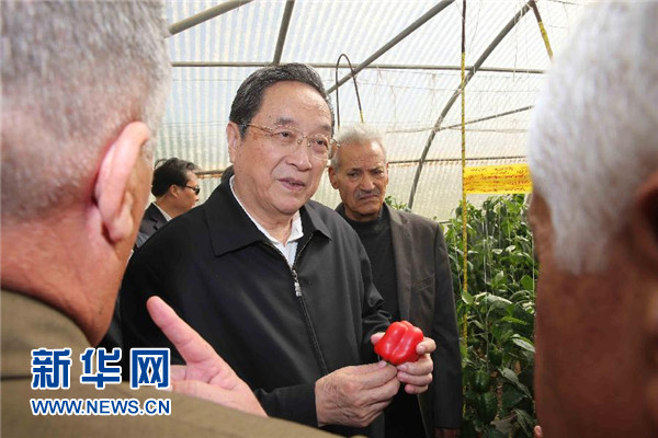11月8日，正在約旦進(jìn)行正式友好訪(fǎng)問(wèn)的全國(guó)政協(xié)主席俞正聲在約旦河谷參觀(guān)碩果農(nóng)業(yè)合作社。 新華社記者 劉衛(wèi)兵 攝 