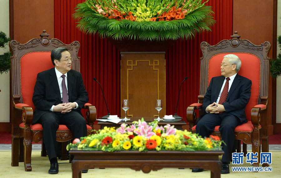 12月25日至27日，中共中央政治局常委、全國政協(xié)主席俞正聲對越南進行正式訪問。這是12月26日，俞正聲在河內會見越共中央總書記阮富仲。 新華社記者馬占成攝